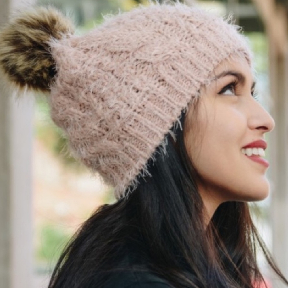 OCTOBER LOVE Pink Mohair Pom Pom Beanie